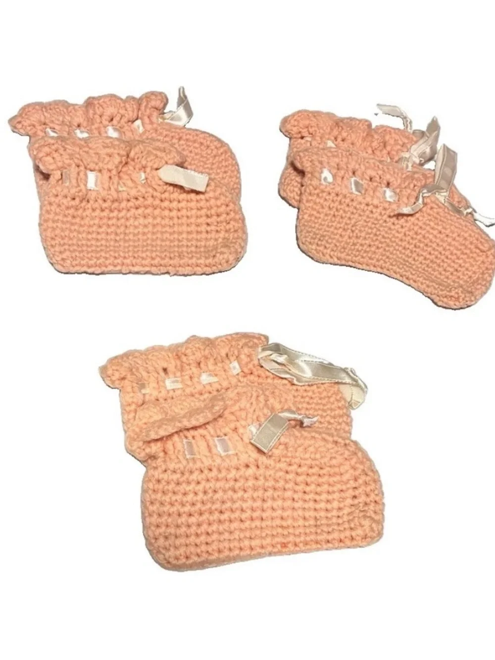Lot Of‎ 3 Handmade Infant Sized Crochet Baby or Doll Booties / Shoes - Peach